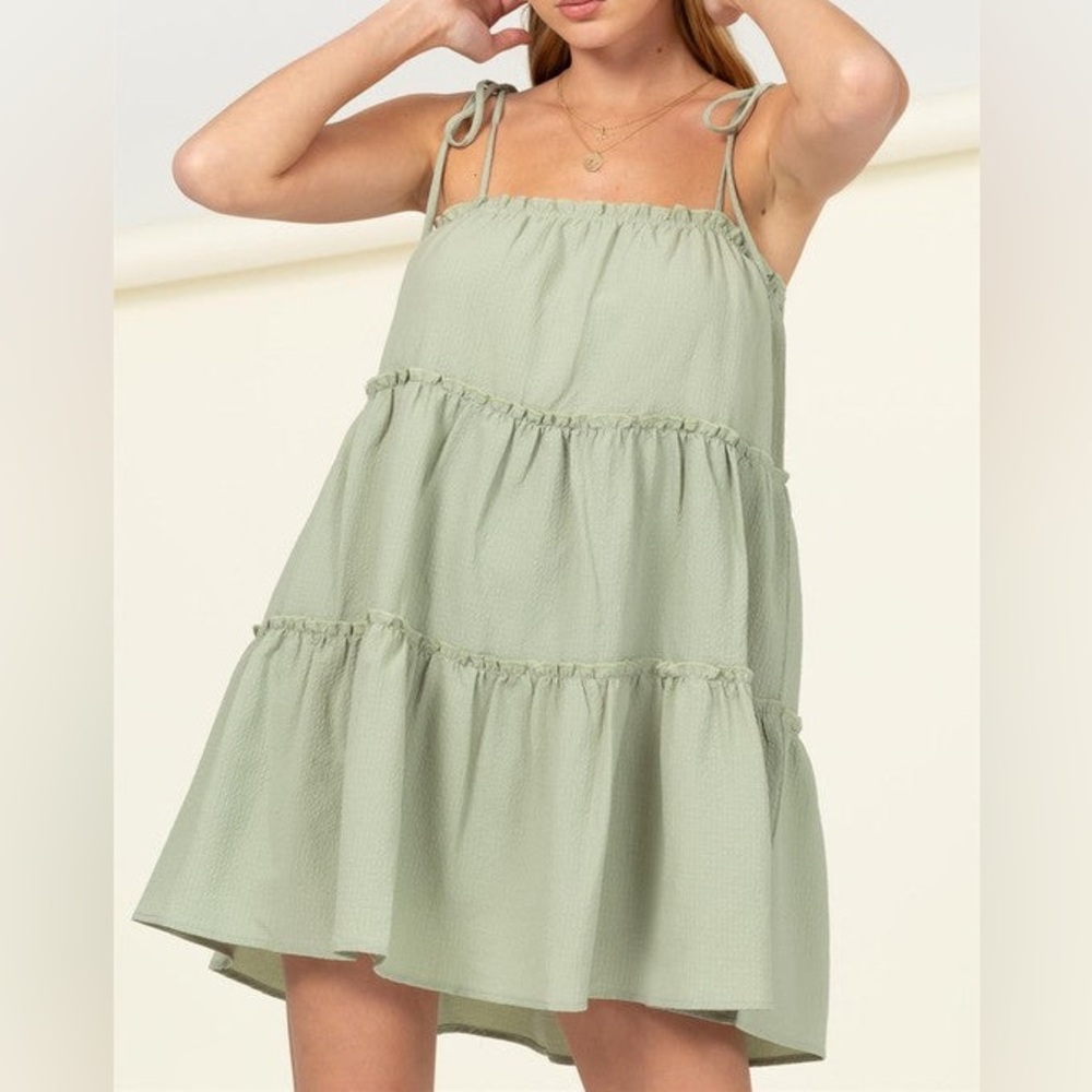 women’s better days sage green tie-strap tiered mini dress - HYFVE!
